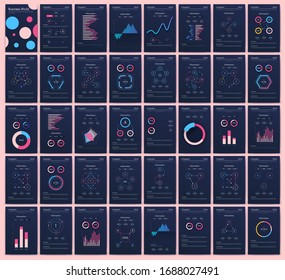 Moderne Infografik-Vektorelemente für Geschäftsbroschüren. Verwendung auf Website, Corporate Broschüre, Werbung und Marketing. Pie-Diagramme, Zeilentafeln, Strichgraphen und Zeitachsen.