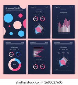 Modern infographic vector elements for business brochures. Use in website, corporate brochure, advertising and marketing. Pie charts, line graphs, bar graphs and timelines.