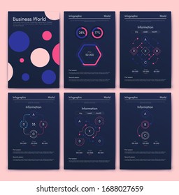 Moderne Infografik-Vektorillustration für Geschäftsbroschüren. Verwendung auf Website, Corporate Broschüre, Werbung und Marketing. Pie-Diagramme, Zeilentafeln, Strichgraphen und Zeitachsen.