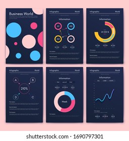 Modern infographic vector elements for business brochures. Use in website, corporate brochure, advertising and marketing. Pie charts, line graphs, bar graphs and timelines.