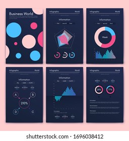 Modern infographic vector elements for business brochures. Use in website, corporate brochure, advertising and marketing. Pie charts, line graphs, bar graphs and timelines.