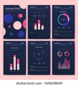 Moderne Infografik-Vektorillustration für Geschäftsbroschüren. Verwendung auf Website, Corporate Broschüre, Werbung und Marketing. Pie-Diagramme, Zeilentafeln, Strichgraphen und Zeitachsen.