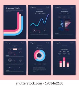 Modern infographic vector elements for business brochures. Use in website, corporate brochure, advertising and marketing. Pie charts, line graphs, bar graphs and timelines.