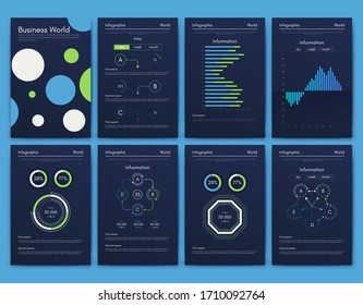 Modern infographic vector elements for business brochures. Use in website, corporate brochure, advertising and marketing. Pie charts, line graphs, bar graphs and timelines.