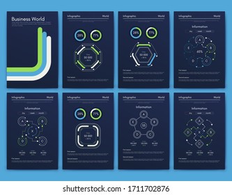 Modern infographic vector elements for business brochures. Use in website, corporate brochure, advertising and marketing. Pie charts, line graphs, bar graphs and timelines.