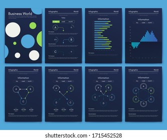 Modern infographic vector elements for business brochures. Use in website, corporate brochure, advertising and marketing. Pie charts, line graphs, bar graphs and timelines.