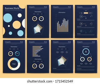 Elementos vectoriales infográficos modernos para folletos comerciales. Uso en sitios web, folletos corporativos, publicidad y marketing. Gráficos circulares, gráficos de líneas, gráficos de barras y líneas de tiempo.