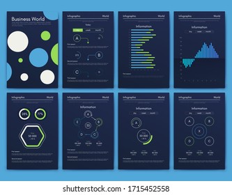 Modern infographic vector elements for business brochures. Use in website, corporate brochure, advertising and marketing. Pie charts, line graphs, bar graphs and timelines.