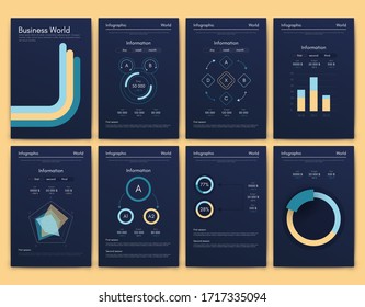 Modern infographic vector elements for business brochures. Use in website, corporate brochure, advertising and marketing. Pie charts, line graphs, bar graphs and timelines.