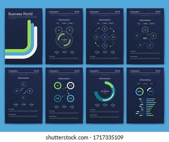 Elementos vectoriales infográficos modernos para folletos comerciales. Uso en sitios web, folletos corporativos, publicidad y marketing. Gráficos circulares, gráficos de líneas, gráficos de barras y líneas de tiempo.