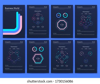Modern infographic vector elements for business brochures. Use in website, corporate brochure, advertising and marketing. Pie charts, line graphs, bar graphs and timelines.