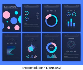 Elementos vectores de infografía modernos para folletos comerciales. Uso en sitios web, folletos corporativos, publicidad y marketing. Gráficos, gráficos de líneas, gráficos de barras y líneas de tiempo.