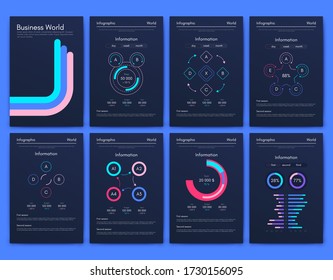 Elementos vectores de infografía modernos para folletos comerciales. Uso en sitios web, folletos corporativos, publicidad y marketing. Gráficos, gráficos de líneas, gráficos de barras y líneas de tiempo.