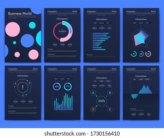 Modern infographic vector elements for business brochures. Use in website, corporate brochure, advertising and marketing. Pie charts, line graphs, bar graphs and timelines.