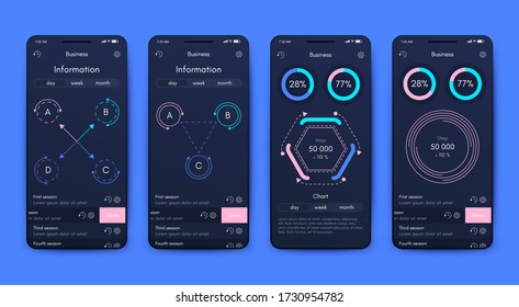 Modern infographic vector elements for business brochures. Use in website, corporate brochure, advertising and marketing. Pie charts, line graphs, bar graphs and timelines.