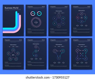 Modern infographic vector elements for business brochures. Use in website, corporate brochure, advertising and marketing. Pie charts, line graphs, bar graphs and timelines.
