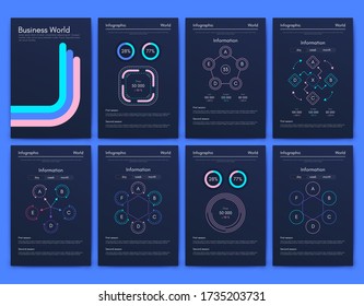 Elementos vectores de infografía modernos para folletos comerciales. Uso en sitios web, folletos corporativos, publicidad y marketing. Gráficos, gráficos de líneas, gráficos de barras y líneas de tiempo.