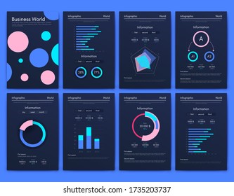 Moderne infografische Vektorelemente für Geschäftsbroschüren. Nutzung auf der Website, in der Firmenbroschüre, in der Werbung und im Marketing. Kuchendiagramme, Zeilentafeln, Strichgraphen und Zeitschriften.