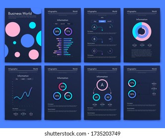Modern infographic vector elements for business brochures. Use in website, corporate brochure, advertising and marketing. Pie charts, line graphs, bar graphs and timelines.