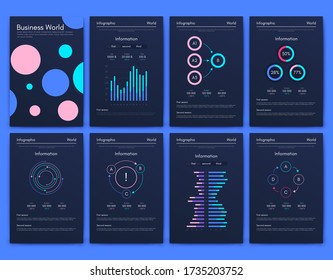 Modern infographic vector elements for business brochures. Use in website, corporate brochure, advertising and marketing. Pie charts, line graphs, bar graphs and timelines.