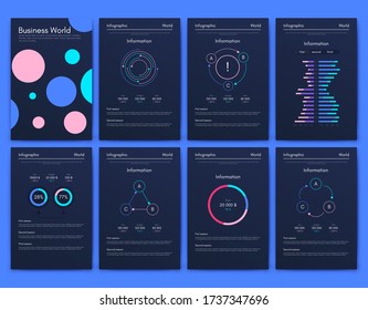 Modern infographic vector elements for business brochures. Use in website, corporate brochure, advertising and marketing. Pie charts, line graphs, bar graphs and timelines.