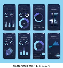Modern infographic vector elements for business brochures. Use in website, mobile design, advertising and marketing. Pie charts, line graphs, bar graphs and timelines.