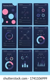 Moderne infografische Vektorelemente für Geschäftsbroschüren. Nutzung auf der Website, in der Firmenbroschüre, in der Werbung und im Marketing. Kuchendiagramme, Zeilentafeln, Strichgraphen und Zeitschriften.