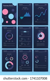 Modern infographic vector elements for business brochures. Use in website, corporate brochure, advertising and marketing. Pie charts, line graphs, bar graphs and timelines.