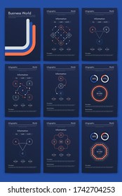 Modern infographic vector elements for business brochures. Use in website, corporate brochure, advertising and marketing. Pie charts, line graphs, bar graphs and timelines.