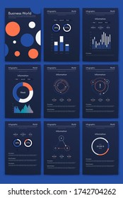 Modern infographic vector elements for business brochures. Use in website, corporate brochure, advertising and marketing. Pie charts, line graphs, bar graphs and timelines.