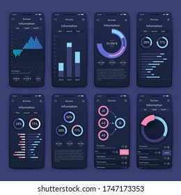 Moderne Infografik-Vektorelemente für Geschäftsbroschüren. Nutzung auf der Website, mobiles Design, Werbung und Marketing. Pie-Diagramme, Zeilentafeln, Strichgraphen und Zeitachsen.