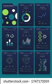 Modern infographic vector elements for business brochures. Use in website, corporate brochure, advertising and marketing. Pie charts, line graphs, bar graphs and timelines.