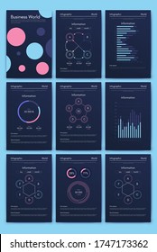 Modern infographic vector elements for business brochures. Use in website, corporate brochure, advertising and marketing. Pie charts, line graphs, bar graphs and timelines.