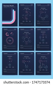 Modern infographic vector elements for business brochures. Use in website, corporate brochure, advertising and marketing. Pie charts, line graphs, bar graphs and timelines.