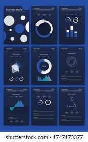 Modern infographic vector elements for business brochures. Use in website, corporate brochure, advertising and marketing. Pie charts, line graphs, bar graphs and timelines.