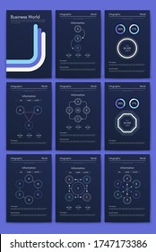 Modern infographic vector elements for business brochures. Use in website, corporate brochure, advertising and marketing. Pie charts, line graphs, bar graphs and timelines.