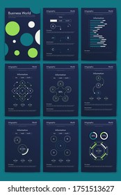 Modern infographic vector elements for business brochures. Use in website, corporate brochure, advertising and marketing. Pie charts, line graphs, bar graphs and timelines.