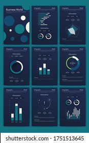 Modern infographic vector elements for business brochures. Use in website, corporate brochure, advertising and marketing. Pie charts, line graphs, bar graphs and timelines.