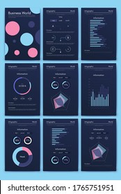 Modern infographic vector elements for business brochures. Use in website, corporate brochure, advertising and marketing. Pie charts, line graphs, bar graphs and timelines.
