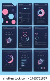 Modern infographic vector elements for business brochures. Use in website, corporate brochure, advertising and marketing. Pie charts, line graphs, bar graphs and timelines.