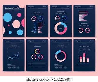 Elementos vectores de infografía modernos para folletos comerciales. Uso en sitios web, folletos corporativos, publicidad y marketing. Gráficos, gráficos de líneas, gráficos de barras y líneas de tiempo.