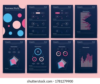 Modern infographic vector elements for business brochures. Use in website, corporate brochure, advertising and marketing. Pie charts, line graphs, bar graphs and timelines.