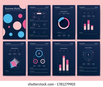 Modern infographic vector elements for business brochures. Use in website, corporate brochure, advertising and marketing. Pie charts, line graphs, bar graphs and timelines.