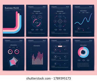 Modern infographic vector elements for business brochures. Use in website, corporate brochure, advertising and marketing. Pie charts, line graphs, bar graphs and timelines.