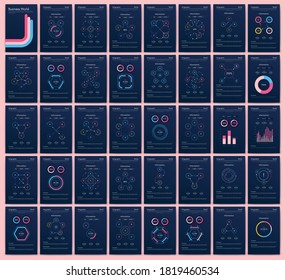 Moderne Infografik-Vektorelemente für Geschäftsbroschüren. Verwendung auf Website, Corporate Broschüre, Werbung und Marketing. Pie-Diagramme, Zeilentafeln, Strichgraphen und Zeitachsen.