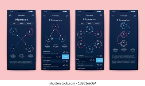 Moderne Infografik-Vektorelemente für Geschäftsbroschüren. Verwendung auf Website, Corporate Broschüre, Werbung und Marketing. Pie-Diagramme, Zeilentafeln, Strichgraphen und Zeitachsen.