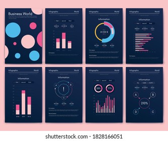 Moderne Infografik-Vektorelemente für Geschäftsbroschüren. Verwendung auf Website, Corporate Broschüre, Werbung und Marketing. Pie-Diagramme, Zeilentafeln, Strichgraphen und Zeitachsen.