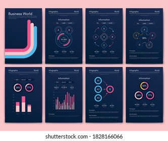 Elementos vectores de infografía modernos para folletos comerciales. Uso en sitios web, folletos corporativos, publicidad y marketing. Gráficos, gráficos de líneas, gráficos de barras y líneas de tiempo.