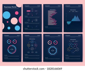 Modern infographic vector elements for business brochures. Use in website, corporate brochure, advertising and marketing. Pie charts, line graphs, bar graphs and timelines.