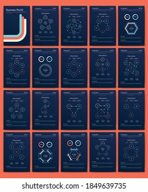 Moderne Infografik-Vektorelemente für Geschäftsbroschüren. Verwendung auf Website, Corporate Broschüre, Werbung und Marketing. Pie-Diagramme, Zeilentafeln, Strichgraphen und Zeitachsen.